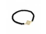 .925 Sterling Silver Nickel Free Gold Plated Cubic Zirconia Clover On Black Onyx Bead Stretch Bracelet