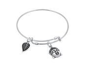 Sterling Silver Expandable Bangle With Leaf And Buddha Head Charms