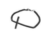 .925 Sterling Silver Black Rhodium Plated Sideways Cross CZ Black Beads Bracelet