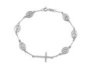 .925 Sterling Silver Rhodium Plated Cross With Religious Charms Bracelet