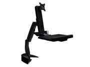 Sit Stand Articulating Arm Clamp Mount. Foldable keyboard tray and retractable mouse pad. Built in holders for Mouse and scanner. Separate monitor adjustments.
