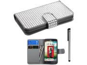 For LG Optimus Exceed 2 L70 Studded Diamond Design Wallet Pouch Flap Phone Protector Cover Case Accessory with Stylus Pen
