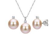 Sterling Silver 11 12mm Pink Pearl with .75tcw Genuine CZ Earrings and 18 Chain Pendant Jewelry Set