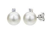 Sterling Silver 7 7.5mm White Cultured Freshwater Pearl .50tcw Genuine CZ Stud Earrings.