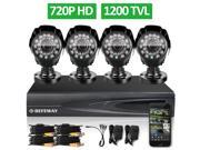 DEFEWAY 4 CH Video Surveillance 720P HD 1200TVL Security Camera System Outdoor CCTV Kit 1080P HDMI Output AHD H.264 DVR Set
