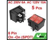 5 Pcs 6 Pin SPDT Red Dual Snap in On On Rocker Switch AC 6A 250V 10A 125V