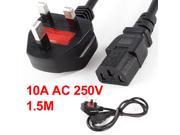 10A AC 250V UK Plug to C13 Adapter Scanner PC Power Cable Black 1.5M