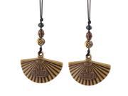 Pair Brown Wood Carved Fan Decor Cell Phone Pendant Mp3 Strap String