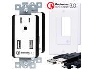 2 PK Quick Charge 3.0 USB Charger Outlet with 15A TR Receptacle QC3.0 USB Wall Outlet W USB Cable 2 QC3.0 Ports Hub for LG G5 Nexus HTC 10 Iphones Ipad