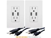 TOPGREENER 2 PK USB Charger Outlet with 15A Duplex Tamper Resistant Receptacle 4A USB Wall Outlet with 15A TR Receptacle USB Cable Types B to A 3ft. Wall P