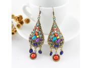 Costume Jewelry Antique Gold Color Alloy Colorful Imitation Gemstone Water Drop Beads Ethnic Style Dangle Earrings