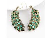 Latest style hot sale elegant shiny green leaf rhinestone design gold color alloy long drop earrings for women