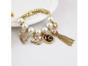 New 2014 graceful gold plated alloy heart leopard rhinestone imitation pearl tassel charms bracelets and bangles