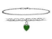 14K White Gold 10 Inch Mariner Anklet with Created Emerald Heart Charm