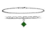 Genuine Sterling Silver 10 Inch Mariner Anklet with Created Emerald Square Charm