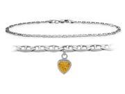 Genuine Sterling Silver 10 Inch Mariner Anklet with Genuine Citrine Heart Charm