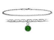 Genuine Sterling Silver 10 Inch Mariner Anklet with Created Emerald Round Charm