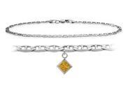 Genuine Sterling Silver 9 Inch Mariner Anklet with Genuine Citrine Square Charm