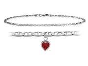 14K White Gold 9 Inch Mariner Anklet with Created Ruby Heart Charm