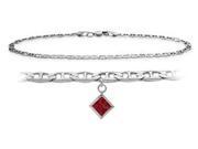 10K White Gold 10 Inch Mariner Anklet with Created Ruby Square Charm