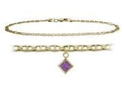 14K Yellow Gold 10 Inch Mariner Anklet with Genuine Amethyst Square Charm