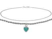 14K White Gold 9 Inch Wheat Anklet with Genuine Blue Topaz Heart Charm
