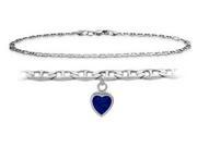 Genuine Sterling Silver 10 Inch Mariner Anklet with Created Sapphire Heart Charm