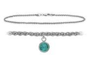 14K White Gold 10 Inch Wheat Anklet with Genuine Blue Topaz Round Charm