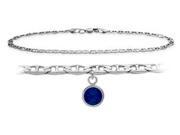 10K White Gold 9 Inch Mariner Anklet with Created Sapphire Round Charm