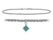 14K White Gold 9 Inch Wheat Anklet with Genuine Blue Topaz Square Charm