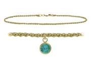 10K Yellow Gold 9 Inch Wheat Anklet with Genuine Blue Topaz Round Charm