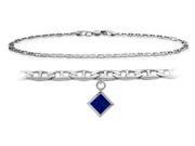 Genuine Sterling Silver 9 Inch Mariner Anklet with Created Sapphire Square Charm