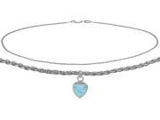Genuine Sterling Silver 9 Inch Wheat Anklet with Created Aquamarine Heart Charm