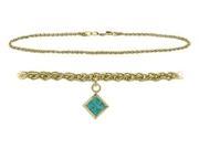 10K Yellow Gold 9 Inch Wheat Anklet with Genuine Blue Topaz Square Charm