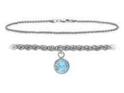 Genuine Sterling Silver 10 Inch Wheat Anklet with Created Aquamarine Round Charm
