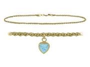 10K Yellow Gold 9 Inch Wheat Anklet with Created Aquamarine Heart Charm