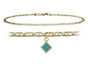 14K Yellow Gold 9 Inch Mariner Anklet with Genuine Blue Topaz Square Charm