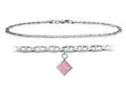 Genuine Sterling Silver 10 Inch Mariner Anklet with Created Tourmaline Square Charm