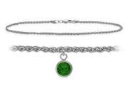 14K White Gold 10 Inch Wheat Anklet with Created Emerald Round Charm