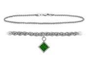 14K White Gold 9 Inch Wheat Anklet with Created Emerald Square Charm