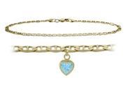 10K Yellow Gold 9 Inch Mariner Anklet with Created Aquamarine Heart Charm