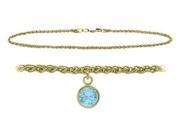 14K Yellow Gold 10 Inch Wheat Anklet with Created Aquamarine Round Charm