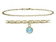 14K Yellow Gold 9 Inch Mariner Anklet with Created Aquamarine Round Charm