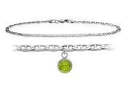 Genuine Sterling Silver 10 Inch Mariner Anklet with Genuine Peridot Round Charm