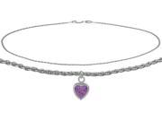 14K White Gold 10 Inch Wheat Anklet with Genuine Amethyst Heart Charm