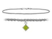 Genuine Sterling Silver 10 Inch Wheat Anklet with Genuine Peridot Square Charm