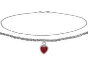14K White Gold 10 Inch Wheat Anklet with Created Ruby Heart Charm
