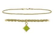 14K Yellow Gold 9 Inch Wheat Anklet with Genuine Peridot Square Charm