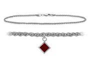 10K White Gold 9 Inch Wheat Anklet with Genuine Garnet Square Charm
