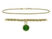 10K Yellow Gold 10 Inch Wheat Anklet with Created Emerald Round Charm